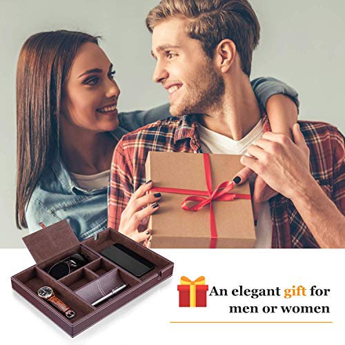 Baoyun Mens Nightstand Organizer, Leather Valet Tray for Men, EDC Catchall Tray with Phone Charging Station, Dresser Top Organizer, 6 Compartments Entryway Valet Box for Wallet, Keys, Phone - color: Single layer-Brown
