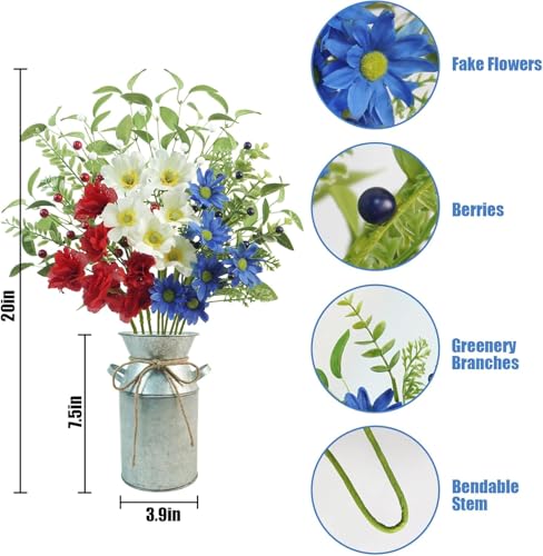 Krissing 4th of July Artificial Flowers with Vase, 20“ Patriotic Fake Flower in Vase Red White and Blue Flowers for 4th of July Centerpiece Decorations Cemetery Flowers for Independence Memorial Day - color: Red&white&blue