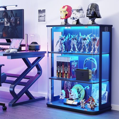 BROTTAR Rounded Display Cabinet with Glass Door, 3-Tier Curio Cabinet with 3 Color Lights for Collectibles, Glass Display Case with Transparent Full-Display Surface, Human Body Sensor, Black - color: Black