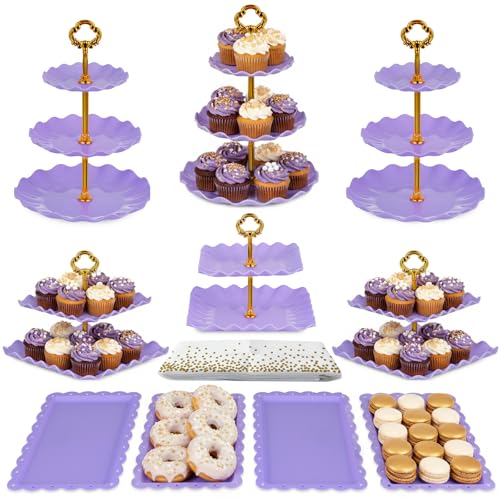 Pack of 10 NWK Cake Stand Set, with 3 x Two-Tier and 3 x Three-Tier Cupcake Stands, 4 x Appetizer Trays, 1 x Tablecloth for Birthday Bridal Baby Shower Party (Purple) - color: Purple