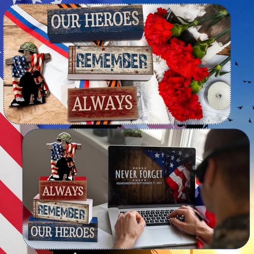 CroBlissful 4 Pcs Memorial Day Decorations 4th of July Patriotic Tabletop Decoration Red White Blue Table Centerpieces Alway Remember Our Heroes Sign for Tiered Tray Home Shelf 250th Anniversary - style: 4th of July