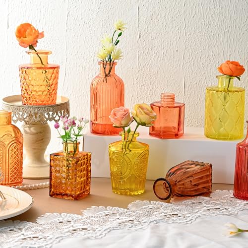 15 Pcs Colored Bud Vase Set,Vintage Glass Vases for Flower Centerpieces Wedding & Party Decor,Home Table Decorations,Bud Vases in Bulk for Housewarming - color: Orange Yellow Series