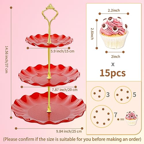 BACUTHY 3 Tier Cupcake Stand Holder, Plastic Cup Cake Stand Tower with Tiered Serving Tray for Cupcakes, Donuts, Fruits and More, Red - color: Red