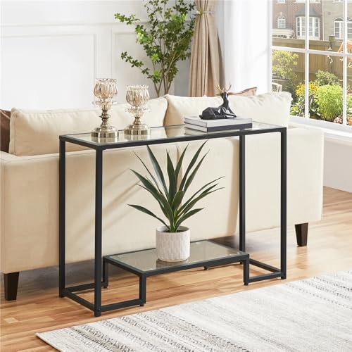 Yaheetech 42 Inch Console Table, Tempered Glass Entryway Table, 2-Tier Sofa Tables with Storage Shelves, Entrance Tables for Hallway Living Room, Black - color: Black