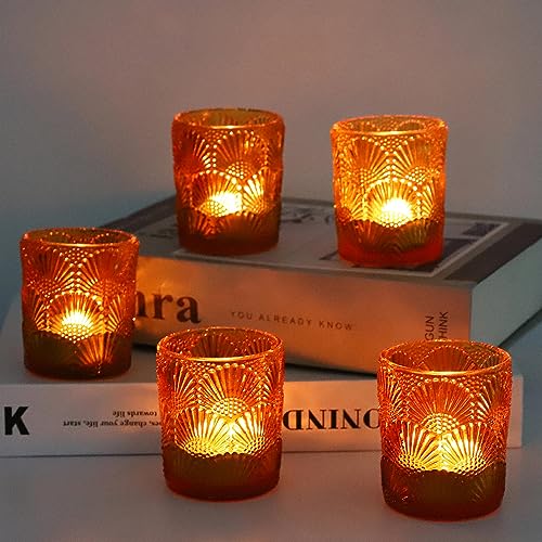 Woho 12Pcs Amber Votive Candle Holders, Glass Amber Candle Holder for Fall Wedding, Boho Tea Lights Candle Holder for Halloween Thanksgiving Centerpieces Table Decoration - color: Amber