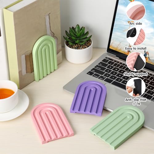 Harloon 4 Pcs Boho Arch Wooden Bookends, Decorative Rainbow Book Stoppers with Non-Slip Metal Base, 5x3x4 Inches, Cute Shelf Decor for Heavy Books, Home Office Study Desk Organizer(Pastel Color) - color: Pastel Color