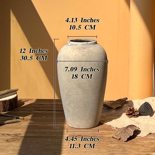 12 Inch Ceramic Rustic Vase, White Grey Farmhouse Flower Vases for Centerpieces & Home Decor, Handmade Pottery Vase for Living Room, Bedroom & Wedding Decor, Vintage Ceramic Vases for Gifts - color: White Gray, size: Small