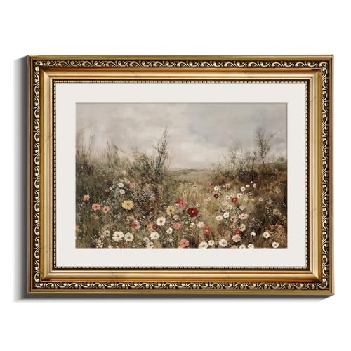 InSimSea Retro Gold Framed Wall Art, Vintage Classical Wildflower Field Meadow Flowers Canvas Print Home Wall Decor, Landscape Farmhouse Decor, Antique Picture Frame Retro Paintings, 11x14 Inch - color: Blooming Meadow, size: 14"L x 11"W