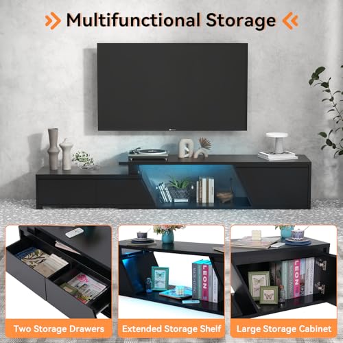 Verano Garden Extendable TV Stand with Led Lights, Wood TV Media Console with 2 Drawers & 1 Cabinet, Modern Entertainment Center Up to 90 Inch TV for Living Room Bedroom, 63" - 90.6" (Black) - color: Black