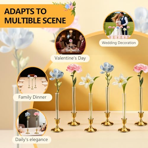 6 Pack 7.9" Glass Bud Vase for Candlesticks & Brass Gold Taper Candle Holder Set, Flower Vase with Silicon Rubber Case Fits Candlestick Size 20-22mm for Tablescapes, Weddings, Home Decor