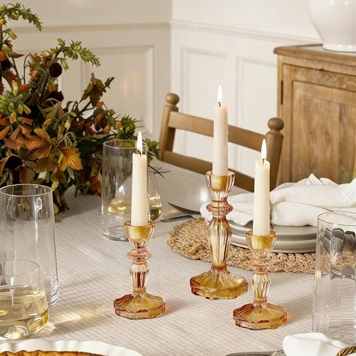 Glass Candlestick Holders Set of 3, Amber Stripe Taper Candle Holders for Table Centerpiece, Home Decorations, Wedding and Party - color: Amber