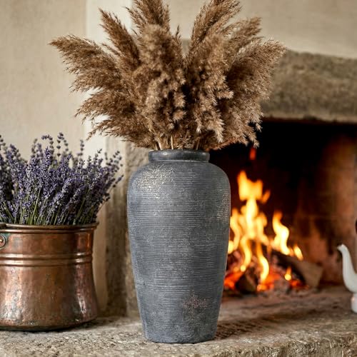 Rustic Distressed Ceramic Threaded Vase, 11"H Handmade Wabi Sabi Decor Vase (Deep Charcoal with Light Gray Weathering and Wheat Beige Patches) for Living Room Table Centerpieces, Entryway & Fireplace - size: 11 inch-A