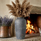 Rustic Distressed Ceramic Threaded Vase, 11"H Handmade Wabi Sabi Decor Vase (Deep Charcoal with Light Gray Weathering and Wheat Beige Patches) for Living Room Table Centerpieces, Entryway & Fireplace - size: 11 inch-A