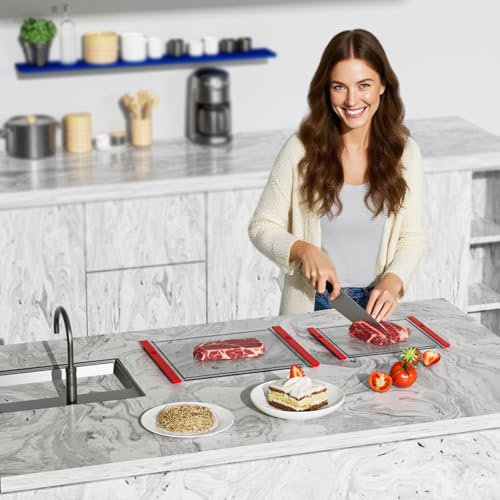 Tempered Glass Cutting Board Set for Kitchen Counter - Dishwasher Safe with Juice Grooves, Non-Slip Silicone Edges & Beveled Grip - 16"x12" & 12"x8" Serving Tray (Red-2PCS) - color: Red-2PCS