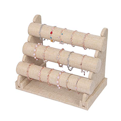 Coward 3 Tier Detachable Bracelet Holder Watch Stand for Jewelry Organizer and Hairband Display (yellow linen) - color: Yellow