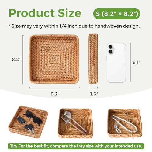 Rattan Serving Tray, Square Woven Storage Basket, Wicker Baskets for Organizing, Natural Wicker Decorative Serving Baskets for Organizing Tabletop Bathroom Kitchen Counter Square - style: S (8.2" × 8.2")