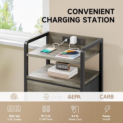 Lazzanto Night Stand with Charger Station - Grey Nightstand with LED Light Strip, Morden Bedside Table with USB Ports & AC Outlets, End Table with Storage Shelf & 3 Fabric Drawers - color: Grey, size: 3 Drawers
