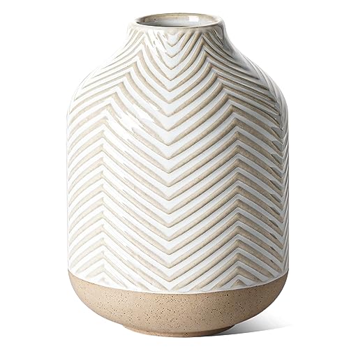 Small Boho Vase for Decor,Rustic Farmhouse Vase for Pampas Grass,Eucalyptus Set and Tiny Stem Flowers,Ceramic for Centerpieces, 5.3 Inch,Wave-Arctic White - style: Wave
