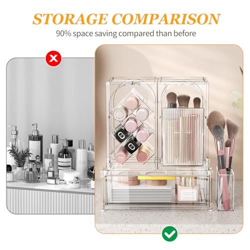 INVSSENE Stackable Makeup Organizer Countertop, Storage Perfume Skincare Cosmetic Lipstick Face Mask Makeup Brush Palettes, Ideal for Vanity Bathroom Counter - color: 3515 Clear