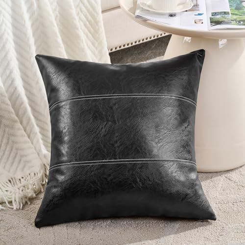 Fancy Homi 2 Packs Black Boho Faux Leather Decorative Throw Pillow Covers 18x18 Inch for Living Room Couch Bed Sofa, Rustic Modern Farmhouse Home Decor, Hand Stitched Square Cushion Case 45x45 cm - color: Black, size: 18" x 18" (Pack of 2)