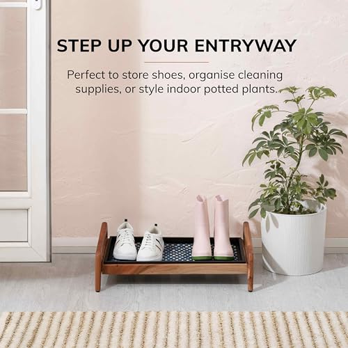 Anji Mountain Heavy Duty Waterproof Wooden Shoe Storage Mat Organizer/Boot Storage Tray Multi Use for Entryway with Coir, Blue and Ivory Insert, 1 Tier, Fits 2 Pair (26.5" Wide) - color: Blue and Ivory, size: 1 Tier, Fits 2 Pair