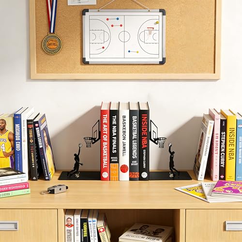 Basketball Bookends Decorative Metal Book Ends for Shelves, Matte Black Iron Basketball Player & Hoop Design, Unique Book Holders and Stoppers for Office Decor - color: Basketball