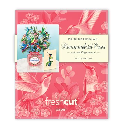 Freshcut Paper Pop Up Cards, Mini Hummingbird Oasis, 6 Inch Life Sized Forever Flower Bouquet 3D Popup Greeting Card, Birthday Cards, Thank You Card, Blank Notecard & Envelope - color: Hummingbird Oasis, size: Mini