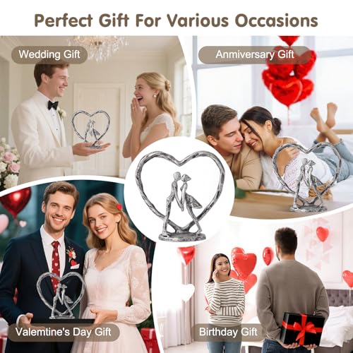 Anniversary Wedding Gift for Her Wife Husband Couple， Antique Silver Metal Couple Figurine Heart Sculpture Love Statue，Romantic 1st to 60th Anniversary,Includes Gift Box and Gift Card，Valentines Gifts - color: Antique Silver