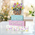 Smile Spring Wooden Indoor Decoration, Hello Spring, Floral Basket Wood Signs, Rustic Farmhouse Flowers Home Table Decor, Retro Centerpiece for Tiered Tray - style: Floral