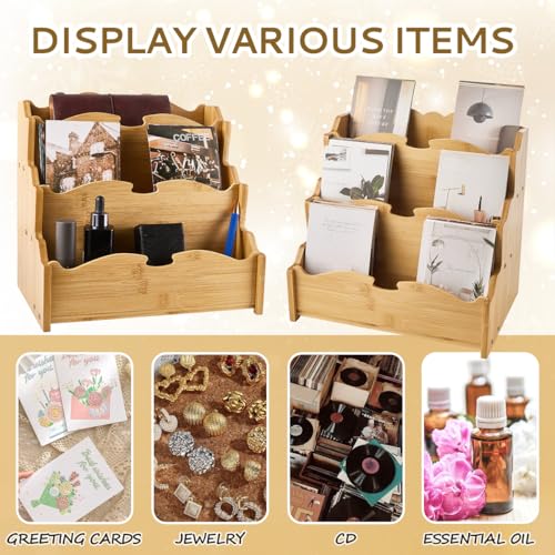 Bamboo Greeting Card Display Stand Holder - 3-Tier Postcard Display Stand Holder for Sticker, Postcards, Retail Stores