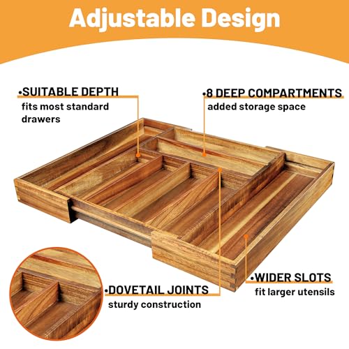 KITEISCAT Acacia Wood Expandable Silverware Organizer, Kitchen Utensil Drawer Organizer for Forks & Spoons, 8-Compartment Cutlery Tray, Flatware Holder - size: 8 Compartments Expandable