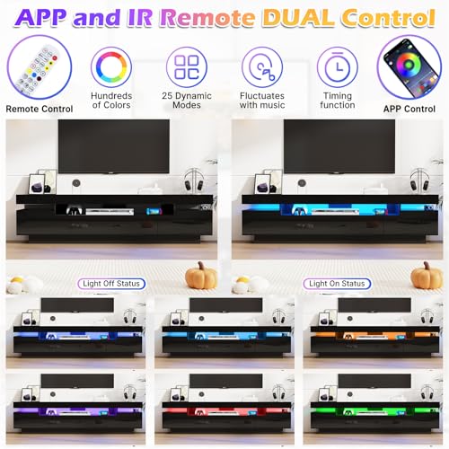 Uspeedy 70IN White TV Stand for 75/80 inch TV,Modern LED TV Stand for Living Room,High Gloss Entertainment Center with Storage Drawer,APP RGB Light,TV Console,Television Stands(Black) - color: Black