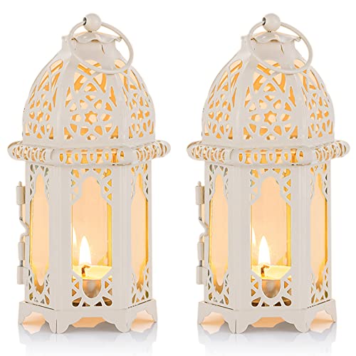 NUPTIO 2 Pcs Moroccan Style Candle Lantern - Small Sized Tealight Candle Holder with Transparent Glass Panels Great for Patio, Indoors/Outdoors, Events, Parties and Weddings, White - color: White, size: 2 Pcs Small Size