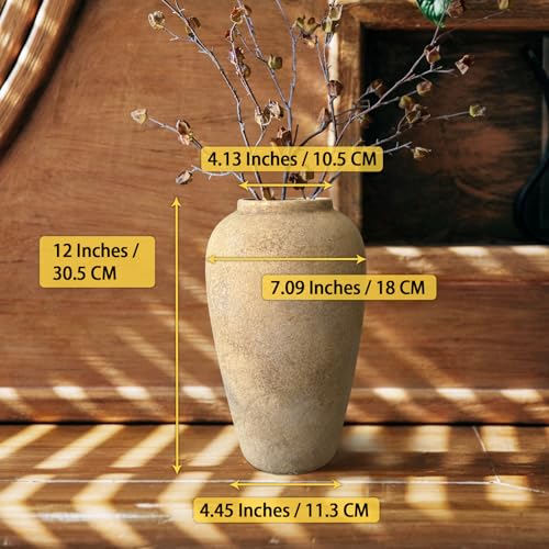 Ceramic Rustic Farmhouse Vase, 12 Inch Beige Flower Vases for Home Decor, Rustic Pottery Vase for Table Centerpieces & Living Room, Farmhouse Ceramic Vases for Entryway & Wedding Gifts - color: Beige, size: Small