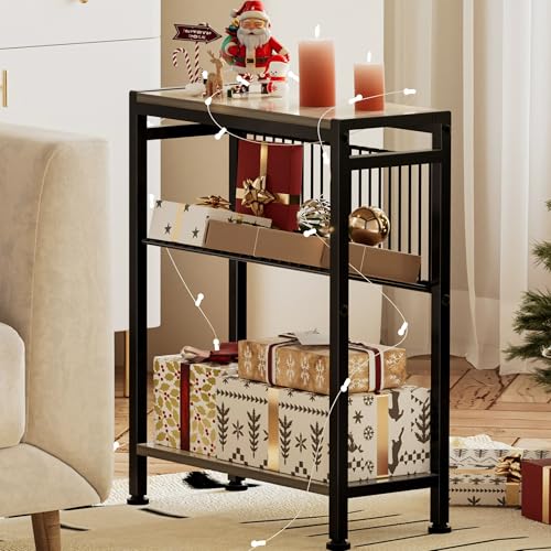 Small Side Table for Small Space, 3-Tier Narrow End Table with Magazine Holder, Slim Nightstand, Skinny Snack Couch Table in Living Room, Bedroom, Study, Kitchen and Balcony (Greige) - color: Greige