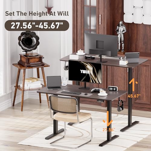 Ywin Electric Height Adjustable Standing Desk with Wheels, 63 x 24 inches Ergonomic Stand Up Desk for Home Office - color: Black Walnut