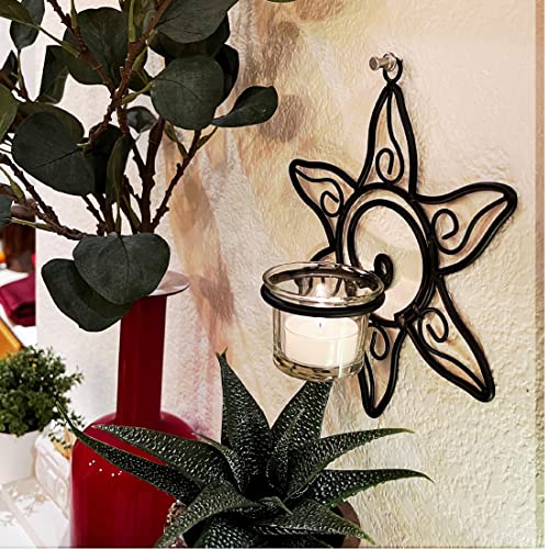 Lily’s Home Southwestern Sun Decorative Votive Candle Tea Light Wall Mount Sconces, Black Steel, with Clear Glass Tealight Candle Holders, Set of 2 - color: Southwestern Sun