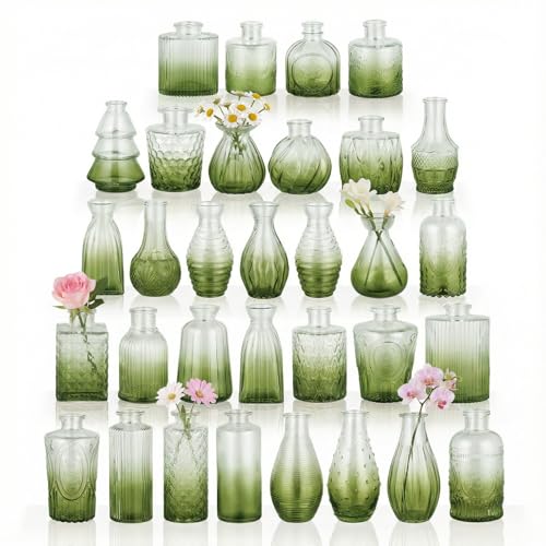 BEAHOT 32 Pack Green Bud Vase in Bulk,Mini Vintage Glass Flower Vases for Centerpieces,Wedding Decor,Party & Home Decaration,Mother's Day (Green-Gradient) - color: Green