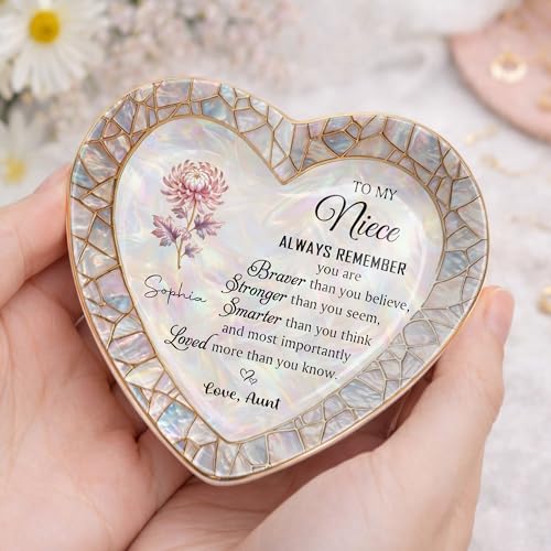Personalized Niece Jewelry Dish Gift from Aunt, Heart Trinket-Dish with Custom Birth Flower, “Always Remember You Are Braver Stronger Smarter Loved” Inspirational Ceramic Ring Keepsake - color: Niece 054