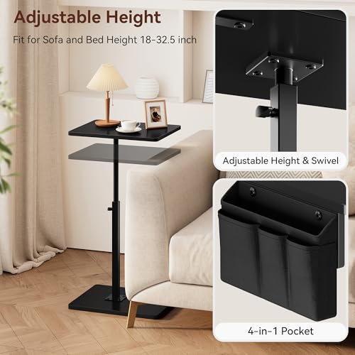 Vagusicc Sofa Armrest Tray Table for Couch, 360° Swivel Height Adjustable TV Tray Table for Small Spaces, Snack Side Table for Couch, Bed, Chair, C Shaped End Side Table for Eating, Reading, Laptop - color: Black, style: With Storage Bag