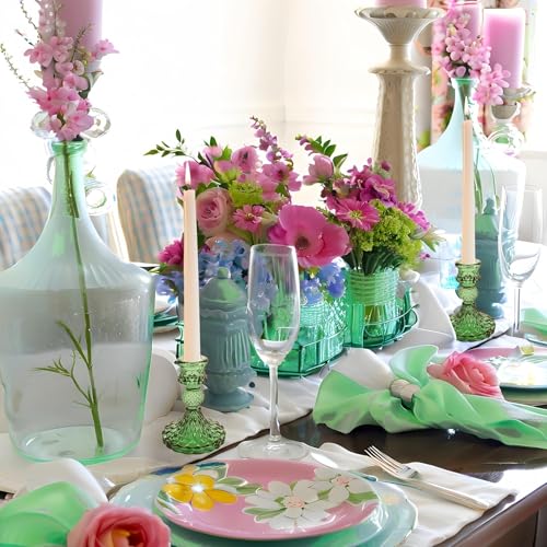 Glass Candlestick Holder,Striped Taper Candle Holders,Set of 6 Candle Stand for Table Centerpieces, Home Decor,Weddings,Festival and Parties (Green Dimond Pattern) - color: Green Dimond Pattern