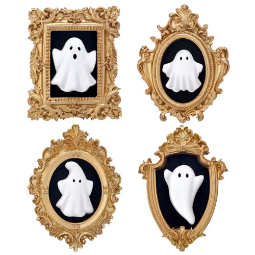 Wesiti 4 Pcs Halloween 3D Ceramic Ghosts with Vintage Resin Framed Mini Cute Sculpture Statue Wall Decoration Small Scary Ghost Figurine Halloween Sculptures for Wall Living Room Bedroom Home Decor - style: Halloween Ghost