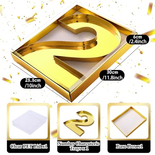 SiliFine 12" Charcuterie Number Shaped Mache with Clear Lid Fillable Sweets Serving Trays Paper Mache Cupcake Candy Box for 2025 Graduation Party Graduation Celebration(Gold,Number 2) - color: Gold, style: Number 2