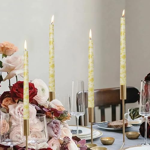 10 Inch Taper Candles Print Candle Sticks Handmade Set of 2 Smokeless Long Candle Unscented Tapered Candles for Wedding Easter Decoration(Chrysanthemum) - color: Gold Flower