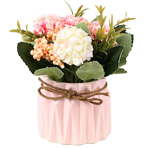 SUPNIU Artificial Hydrangea Bouquet with Small Ceramic Vase Fake Silk Variety Flower Balls Flowers Decoration for Table Home Party Office Wedding (Green) - color: Green