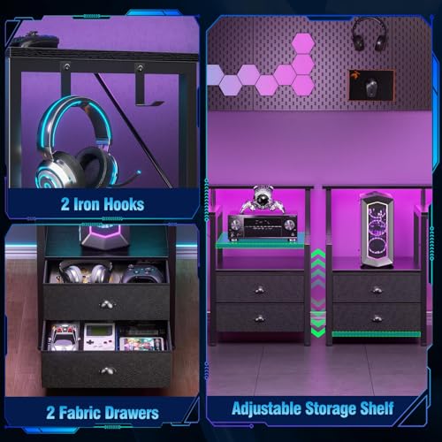 Korfile 66'' L Shaped Gaming Desk with Drawers and Storage Shelves, Reversible Corner Desk with Power Outlets and Host Stand, Large Computer Desk with Led Lights for Gaming, Work, Home Office, Black - color: Black