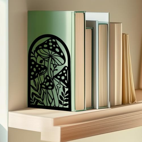 Mushroom Book Ends Design, Metal Bookends for Decorative Books, Heavy Duty Bookends for Shelves, 3.5"x4.7"x7.1" Book Stopper for Home Office School Bookshelf Decor - style: Mushroom