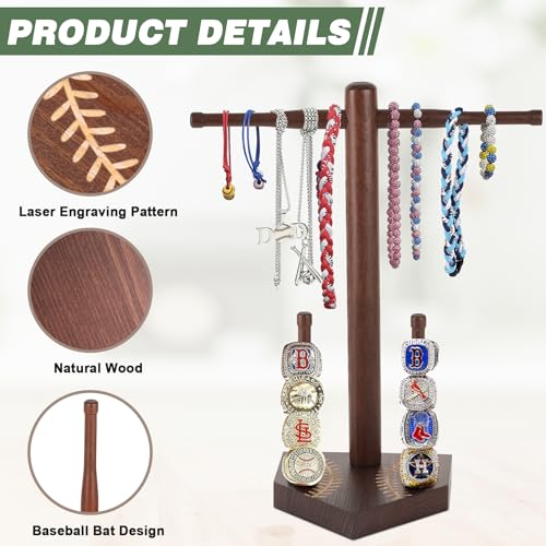 Baseball and Softball Jewelry Organizer, Wooden Baseball Stand and Display Holder for Championship Ring & Drip Necklace, Ring Display Holder , Baseball Accessories Decor, Gift for Athletes and Fans