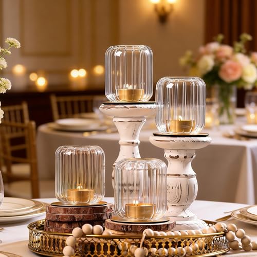 HAVITI 4 PCS Votive Candle Holders, Clear Tealight Candle Holder Glass & Metal Base Lantern Style, Vintage Tea Light Candle Holders for Table Centerpieces, Wedding, Home Decor