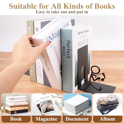 2 Pcs Metal Book Ends, Black Decorative Bookends for Shelves, Heavy Duty Non-Skid Bookend Unique Book Holder Stopper for Heavy Book Support Storage, Home Office School Library Desk Shelf Use